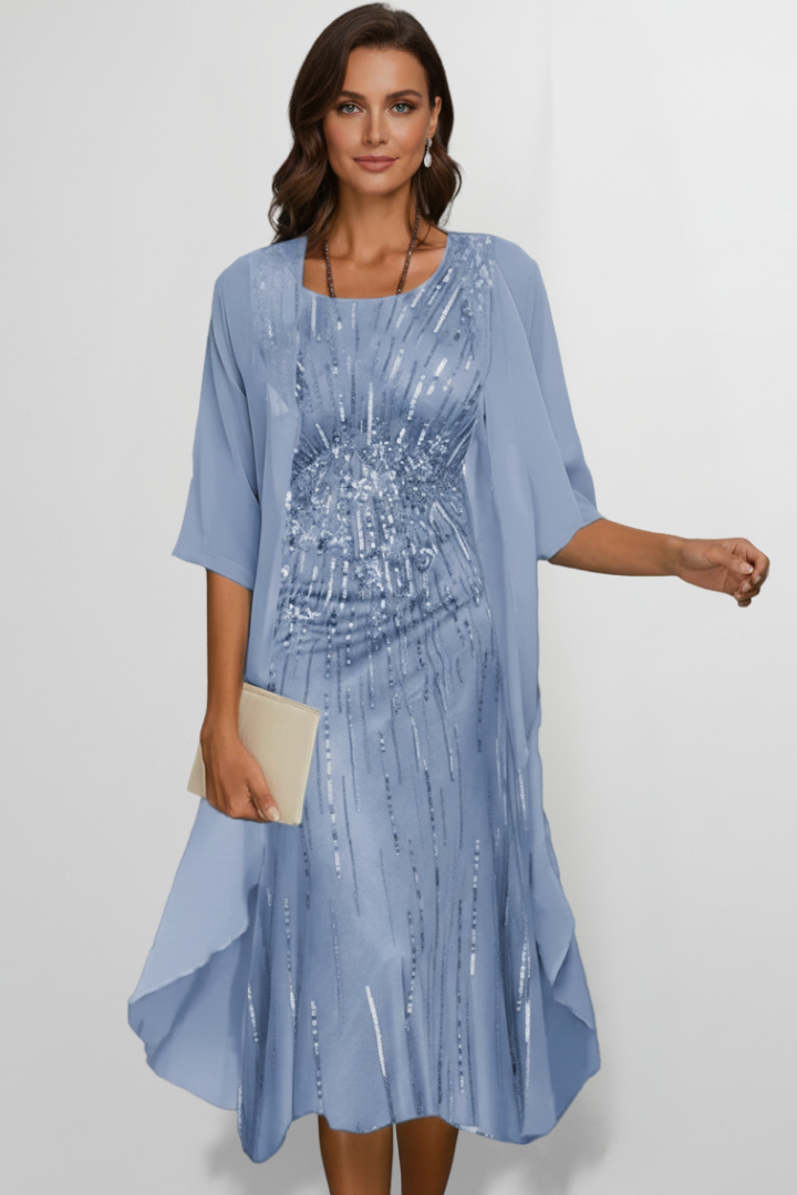 Midi Dress Women Casual Knee Length Round Neck Short Sleeves