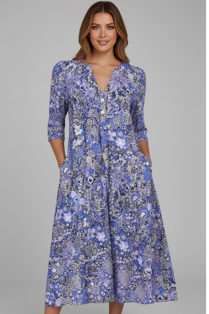 Ondine | Women's Midi Dress | V-Neck, 3/4 Sleeves, Printed