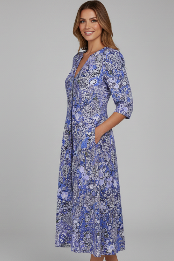Ondine | Women's Midi Dress | V-Neck, 3/4 Sleeves, Printed