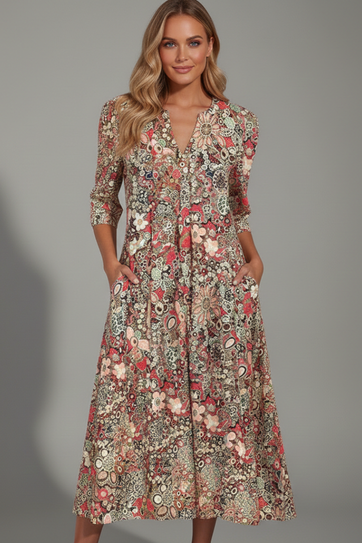 Ondine | Women's Midi Dress | V-Neck, 3/4 Sleeves, Printed