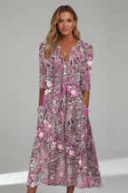 Ondine | Women's Midi Dress | V-Neck, 3/4 Sleeves, Printed