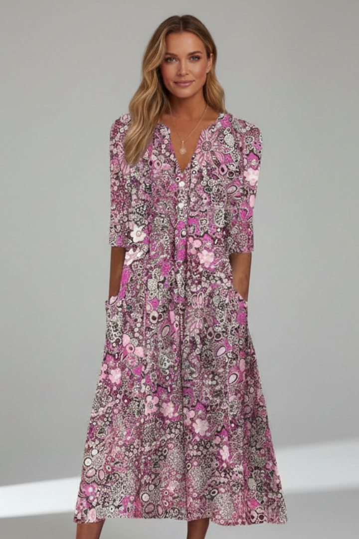 Ondine | Women's Midi Dress | V-Neck, 3/4 Sleeves, Printed