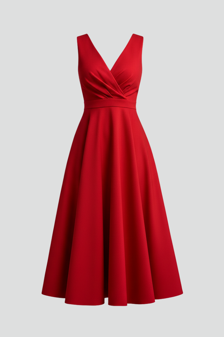 Amara | Women's Midi Dress | V-Neck, Sleeveless, A-Line | Zip Back
