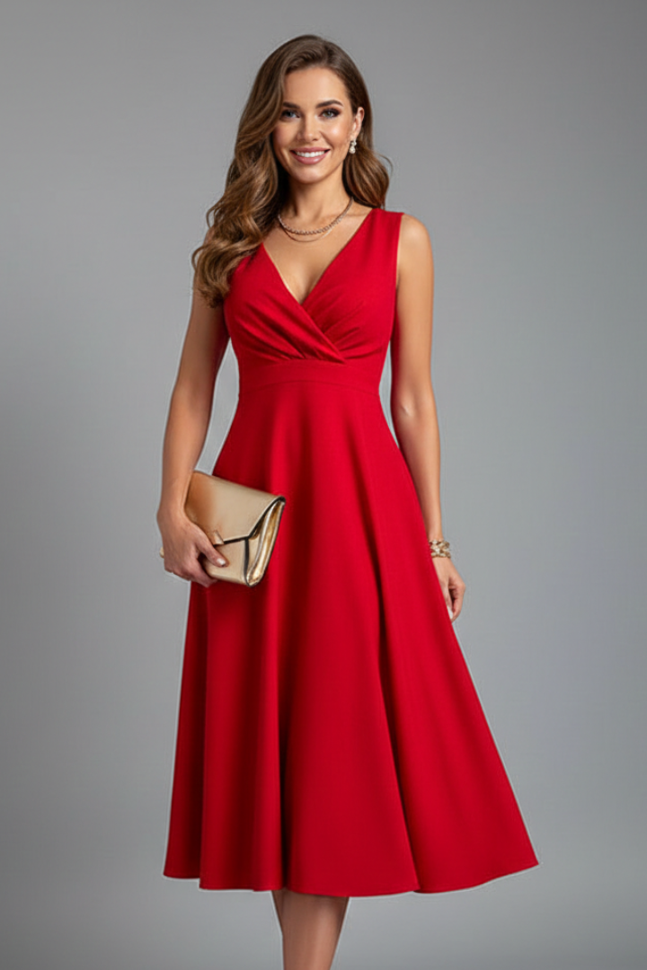 Amara | Women's Midi Dress | V-Neck, Sleeveless, A-Line | Zip Back