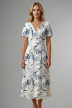Dahlia | Women's Midi Dress | Floral Print, V Neckline, A-Line | Short Sleeve