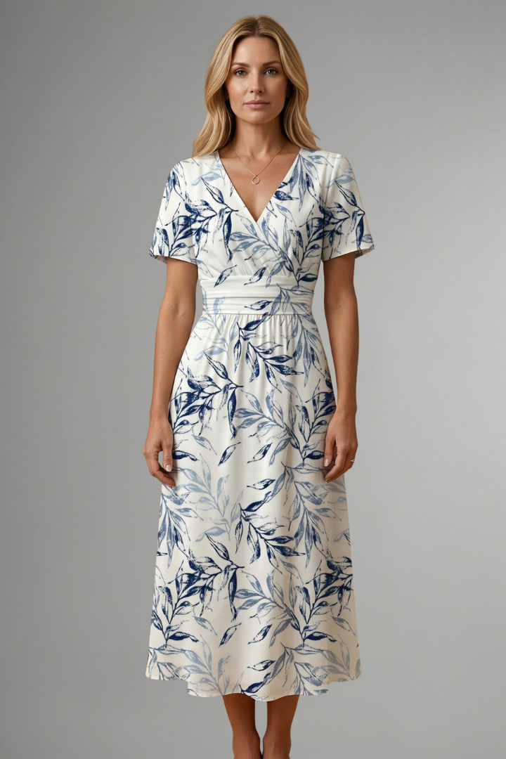 Dahlia | Women's Midi Dress | Floral Print, V Neckline, A-Line | Short Sleeve