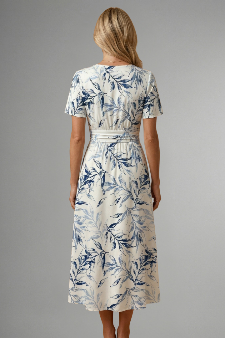 Dahlia | Women's Midi Dress | Floral Print, V Neckline, A-Line | Short Sleeve