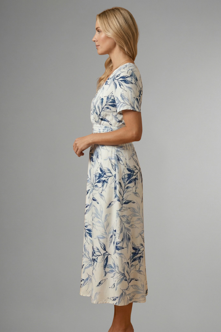 Dahlia | Women's Midi Dress | Floral Print, V Neckline, A-Line | Short Sleeve