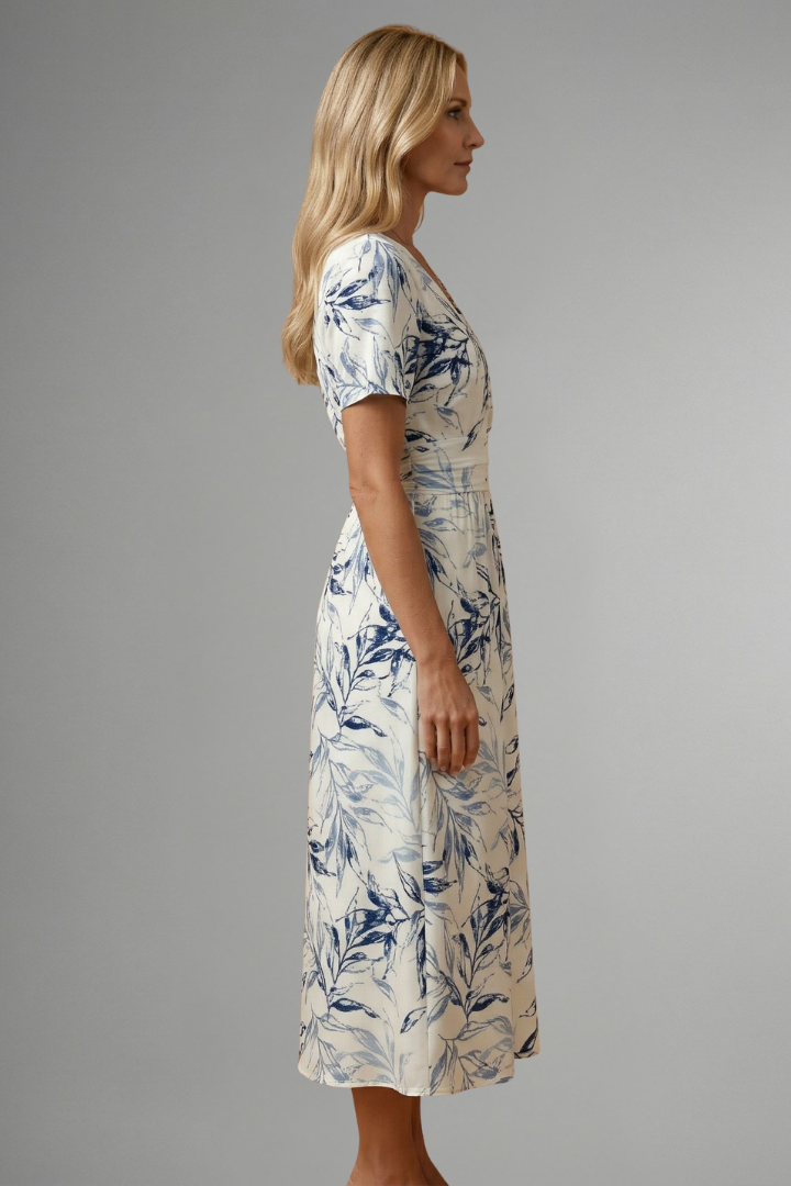Dahlia | Women's Midi Dress | Floral Print, V Neckline, A-Line | Short Sleeve