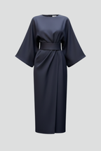 Nina | Women's Midi Dress | Wide Sleeves, Belted Waist | Round Neck