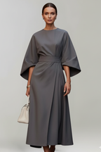 Midi Dress Women Wide Sleeve Straight Cut Round Neck Solid Pattern