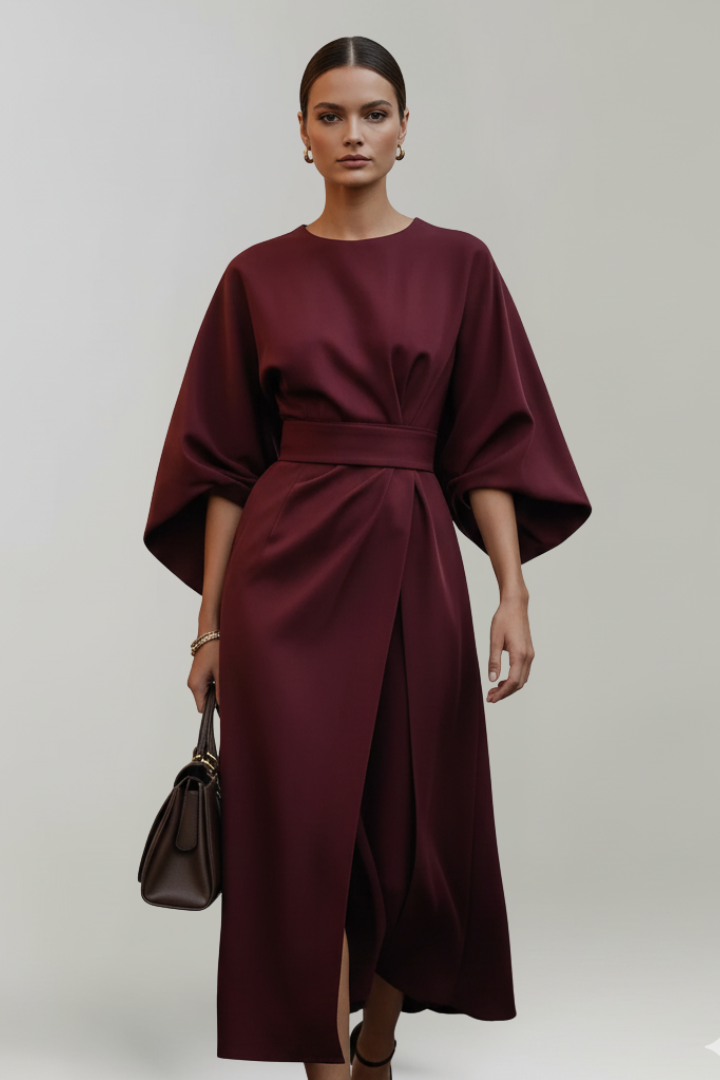 Midi Dress Women Wide Sleeve Straight Cut Round Neck Solid Pattern