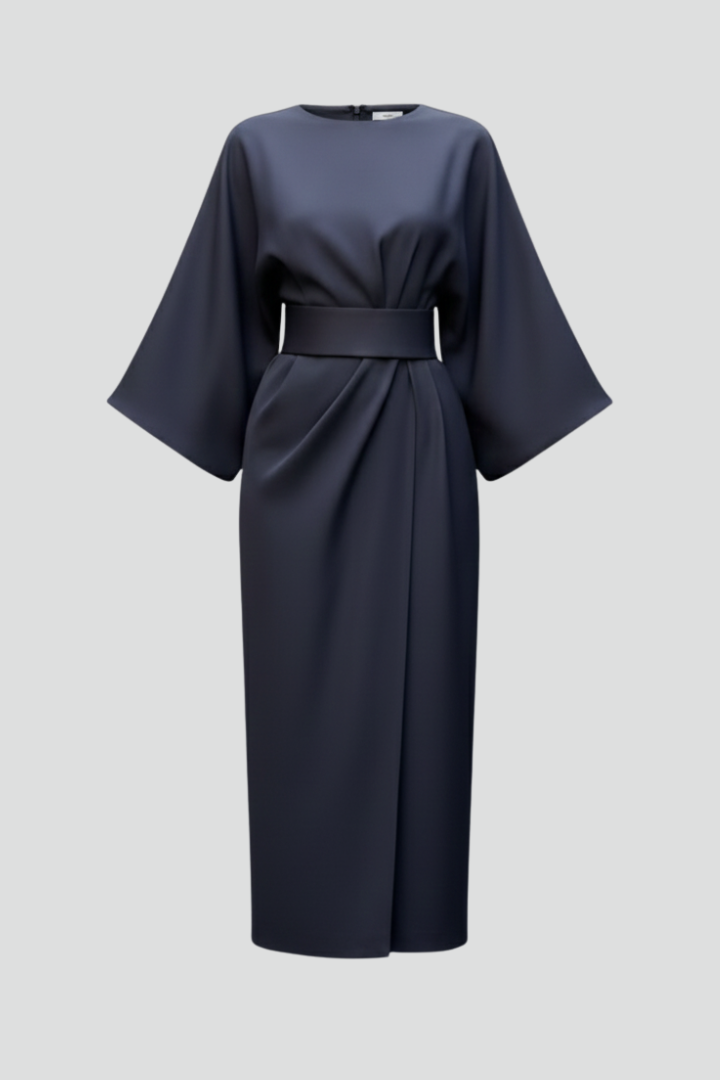 Midi Dress Women Wide Sleeve Straight Cut Round Neck Solid Pattern