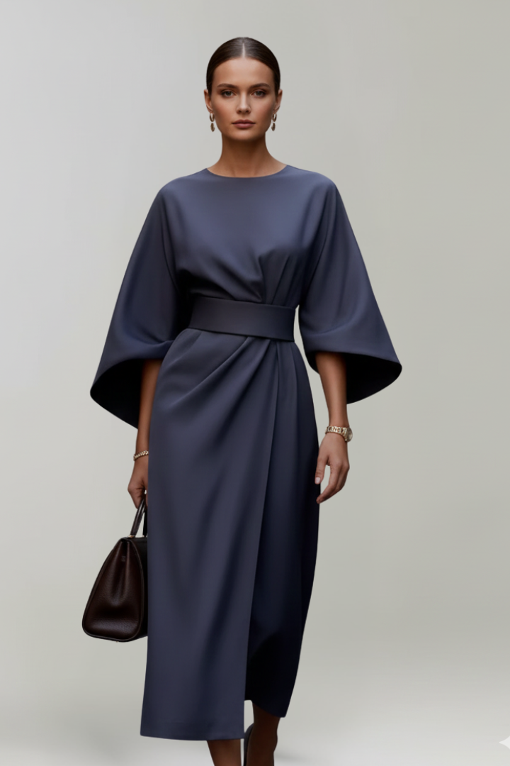 Nina | Women's Midi Dress | Wide Sleeves, Belted Waist | Round Neck