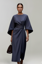 Midi Dress Women Wide Sleeve Straight Cut Round Neck Solid Pattern