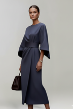 Nina | Women's Midi Dress | Wide Sleeves, Belted Waist | Round Neck
