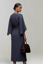 Midi Dress Women Wide Sleeve Straight Cut Round Neck Solid Pattern