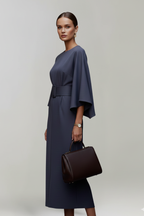 Midi Dress Women Wide Sleeve Straight Cut Round Neck Solid Pattern