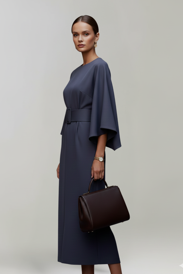 Midi Dress Women Wide Sleeve Straight Cut Round Neck Solid Pattern