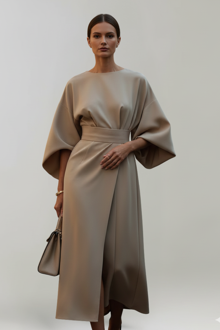 Midi Dress Women Wide Sleeve Straight Cut Round Neck Solid Pattern