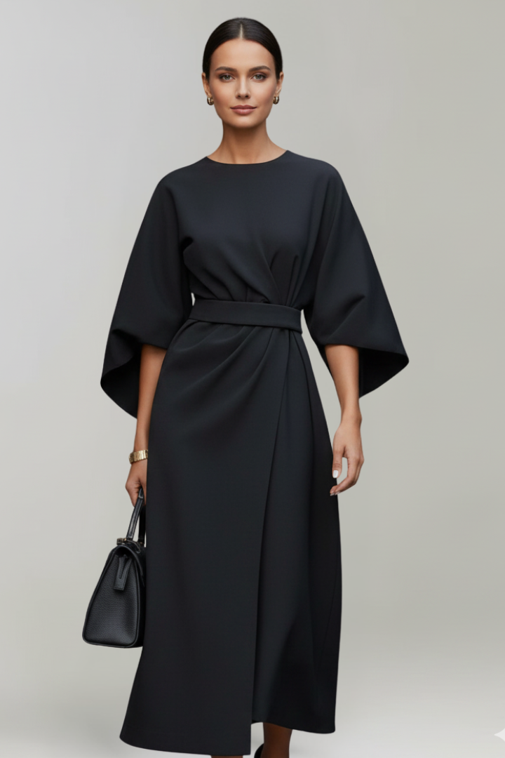 Midi Dress Women Wide Sleeve Straight Cut Round Neck Solid Pattern