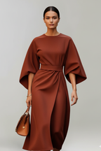 Midi Dress Women Wide Sleeve Straight Cut Round Neck Solid Pattern