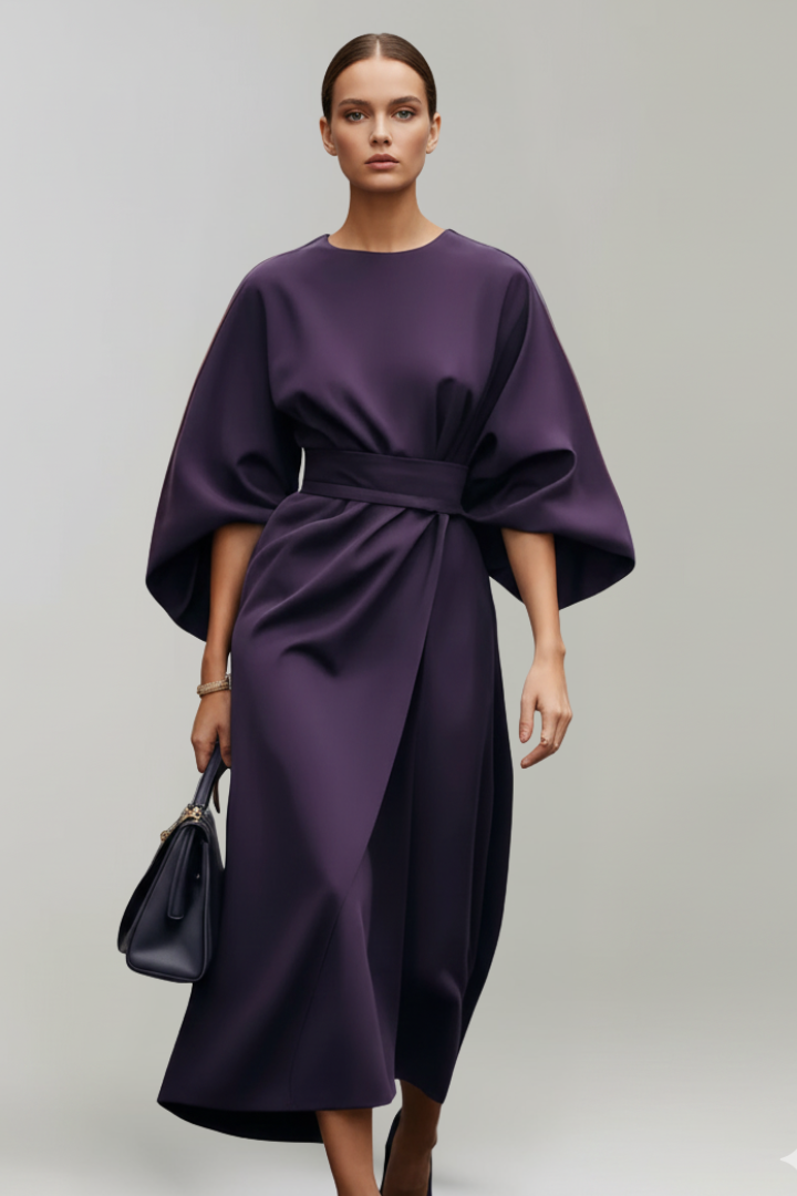 Midi Dress Women Wide Sleeve Straight Cut Round Neck Solid Pattern