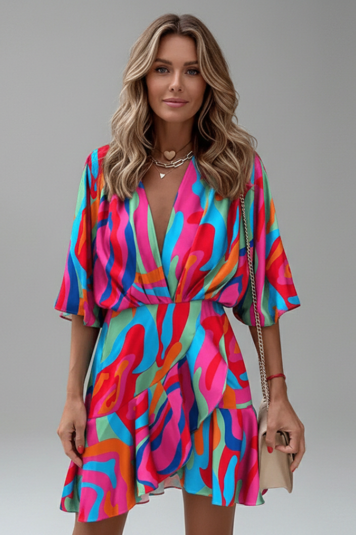 Pearl | Women's Mini Dress | Batwing Sleeves, V-Neck, Waist Tie