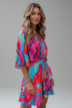 Pearl | Women's Mini Dress | Batwing Sleeves, V-Neck, Waist Tie
