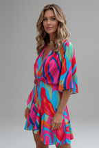 Pearl | Women's Mini Dress | Batwing Sleeves, V-Neck, Waist Tie