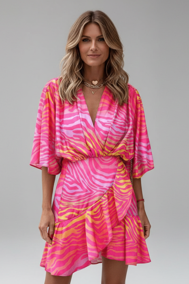 Pearl | Women's Mini Dress | Batwing Sleeves, V-Neck, Waist Tie