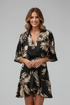 Pearl | Women's Mini Dress | Batwing Sleeves, V-Neck, Waist Tie