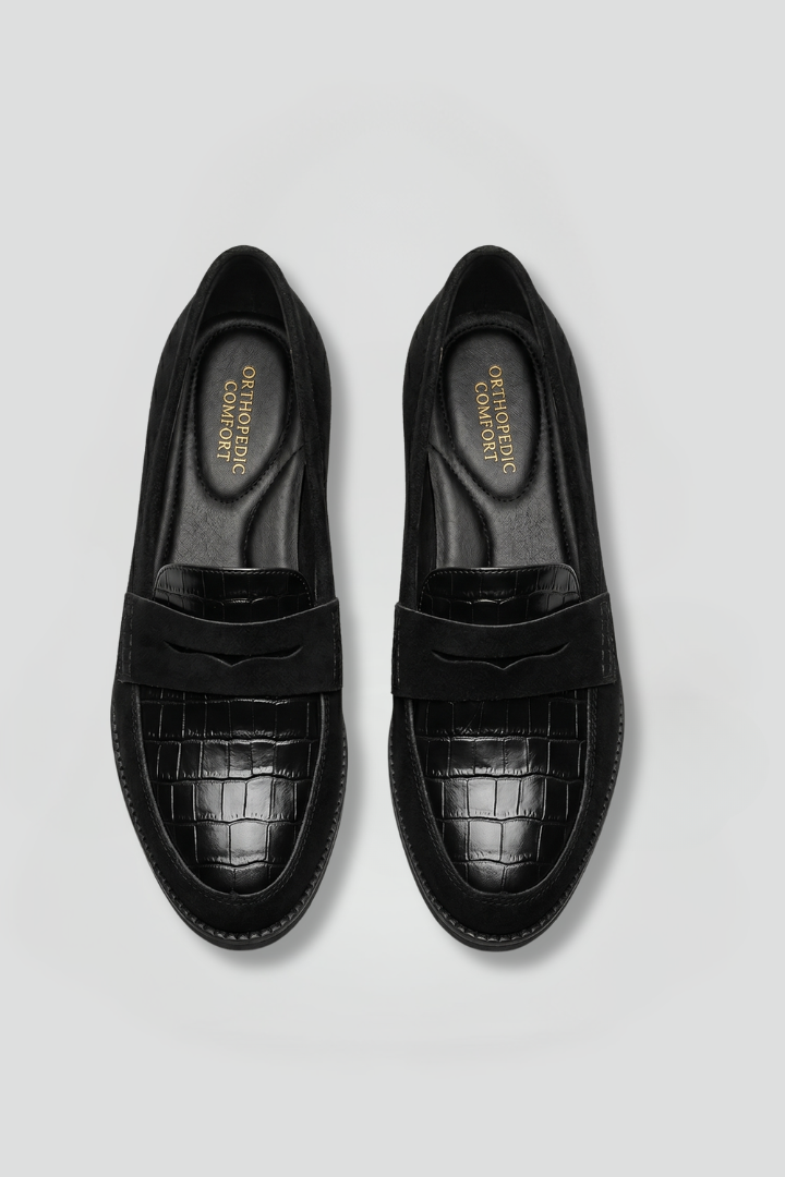Amara | Women's Orthopaedic Loafers | Black, Flat Sole, Slip-On | Croc Panel