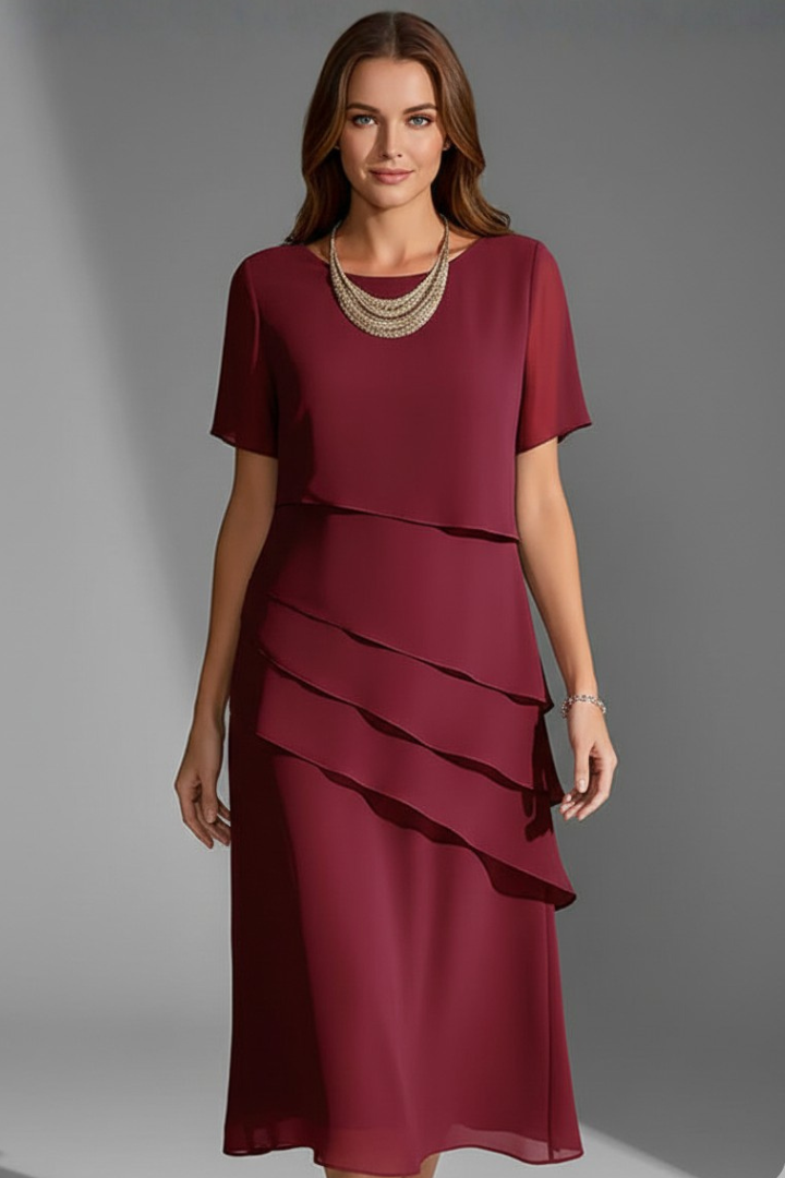 Esma | Women's Short Sleeve Dress | Layered Front, Straight Hem | Knee Length