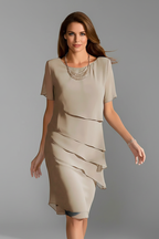 Esma | Women's Short Sleeve Dress | Layered Front, Straight Hem | Knee Length