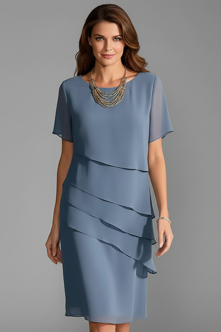 Esma | Women's Short Sleeve Dress | Layered Front, Straight Hem | Knee Length
