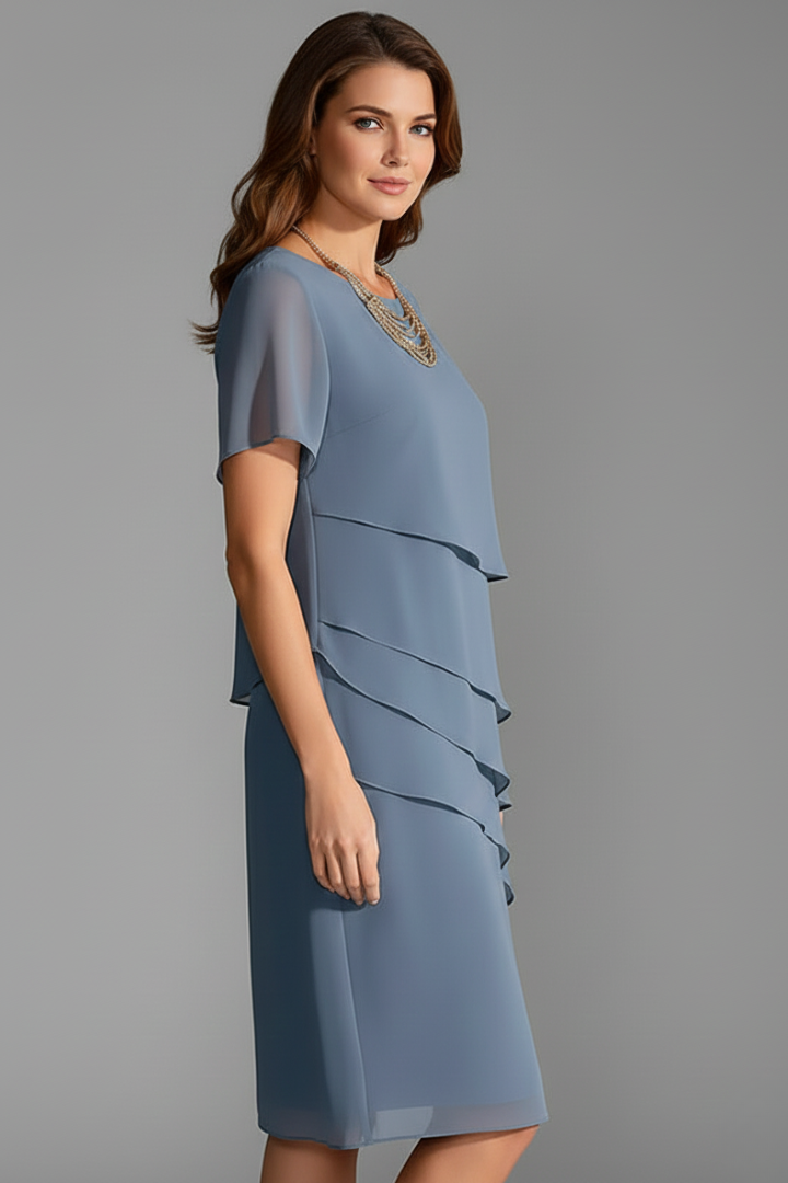 Esma | Women's Short Sleeve Dress | Layered Front, Straight Hem | Knee Length