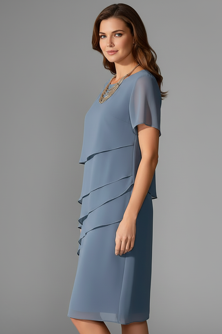 Esma | Women's Short Sleeve Dress | Layered Front, Straight Hem | Knee Length