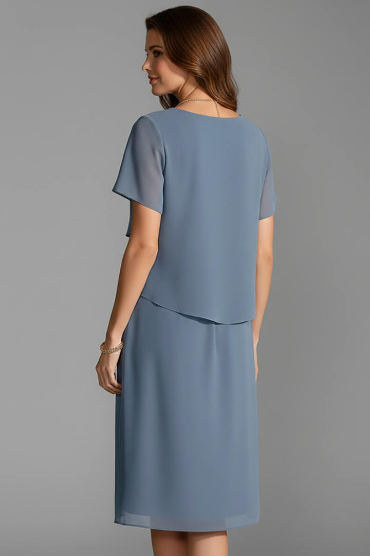 Esma | Women's Short Sleeve Dress | Layered Front, Straight Hem | Knee Length