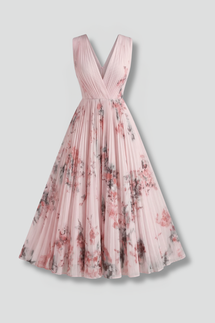 Vianne | Women's Sleeveless Dress | V-Neck, Pleated Midi Skirt | Printed
