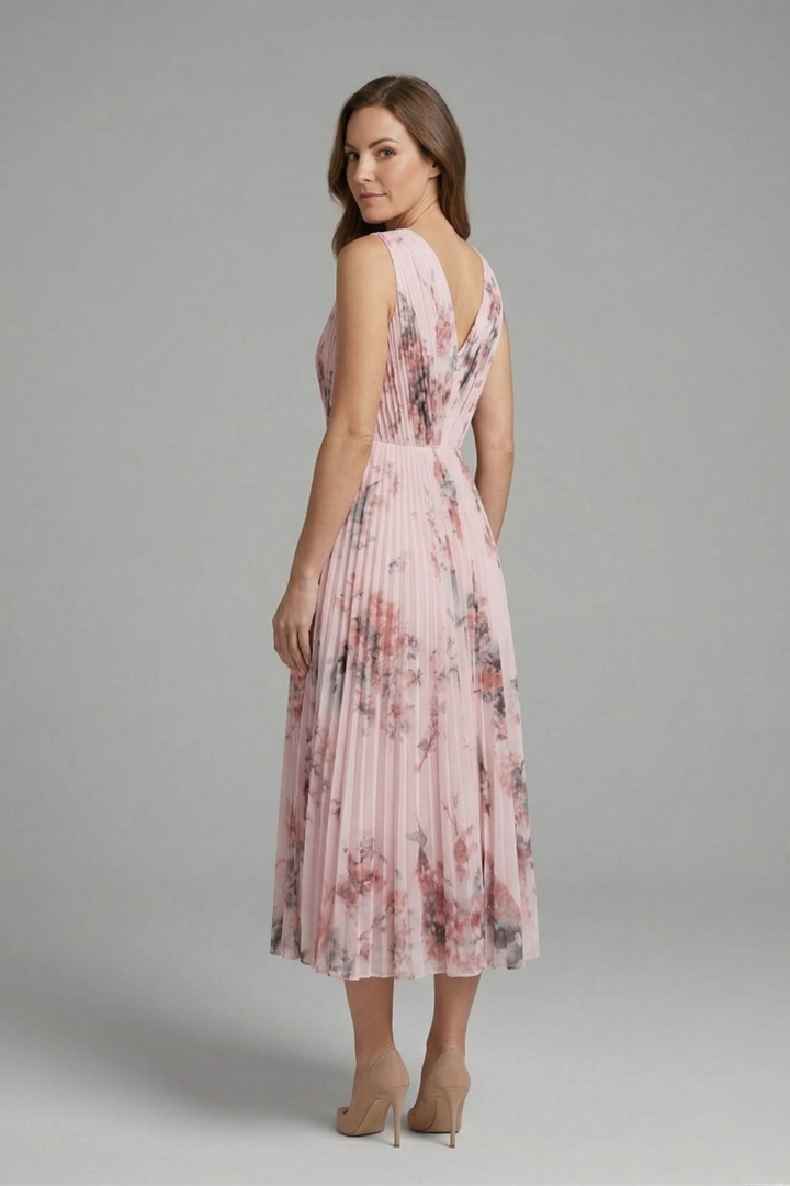 Vianne | Women's Sleeveless Dress | V-Neck, Pleated Midi Skirt | Printed