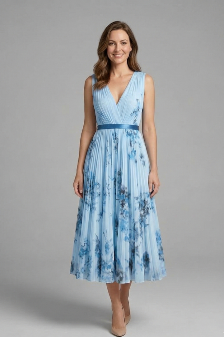 Vianne | Women's Sleeveless Dress | V-Neck, Pleated Midi Skirt | Printed