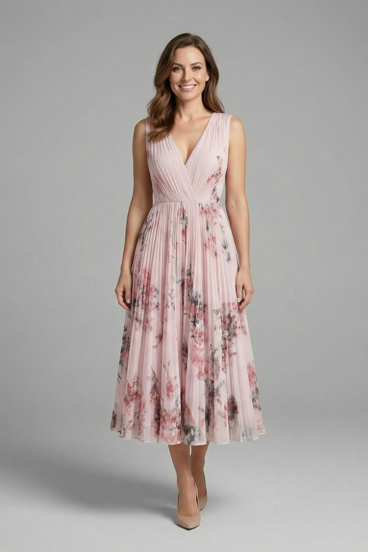 Vianne | Women's Sleeveless Dress | V-Neck, Pleated Midi Skirt | Printed