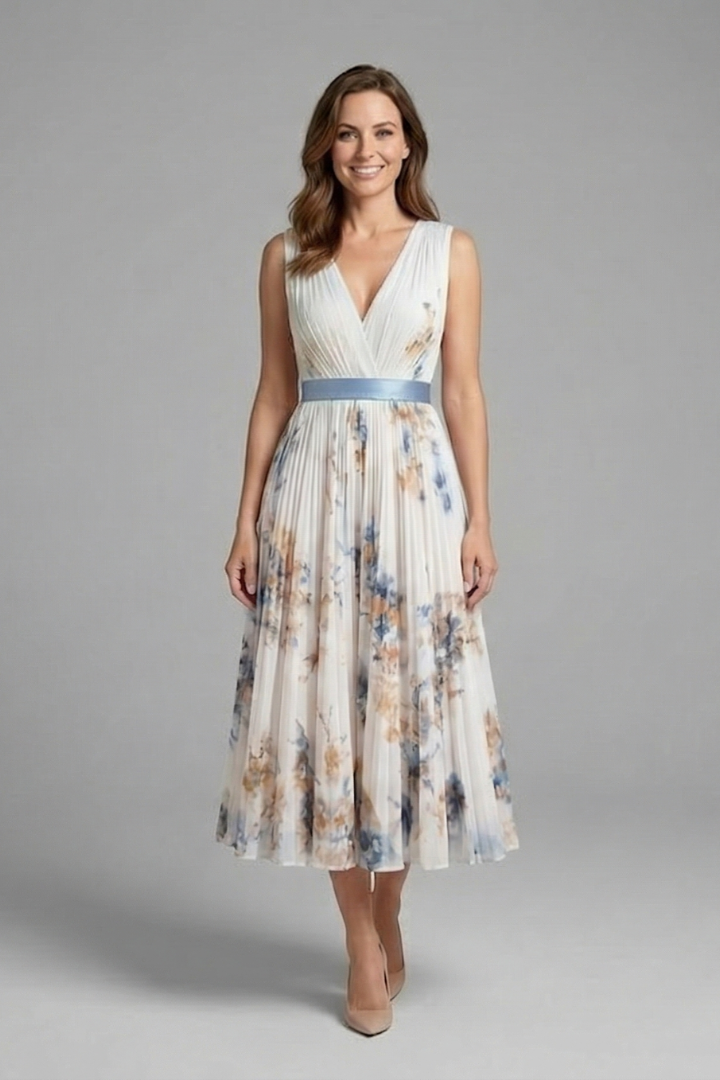 Vianne | Women's Sleeveless Dress | V-Neck, Pleated Midi Skirt | Printed
