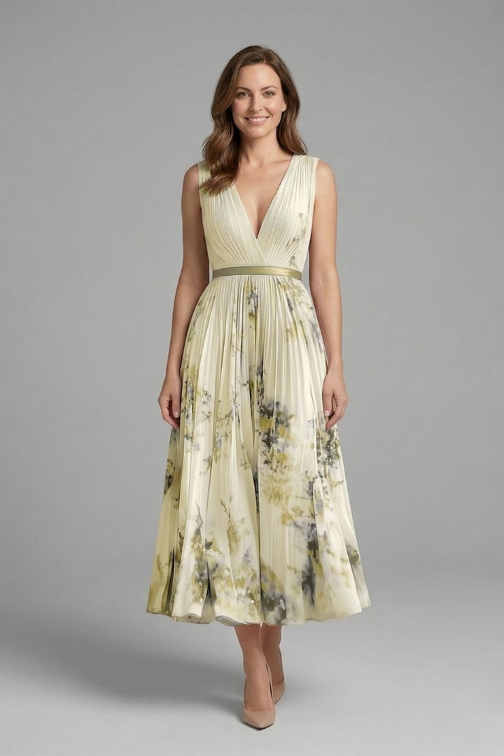 Vianne | Women's Sleeveless Dress | V-Neck, Pleated Midi Skirt | Printed