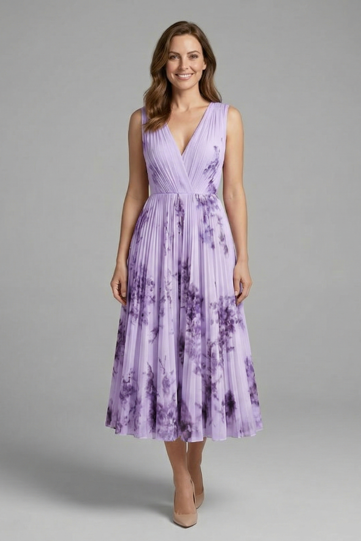 Vianne | Women's Sleeveless Dress | V-Neck, Pleated Midi Skirt | Printed
