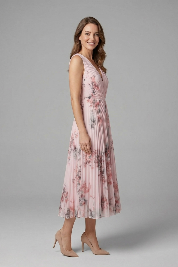 Vianne | Women's Sleeveless Dress | V-Neck, Pleated Midi Skirt | Printed