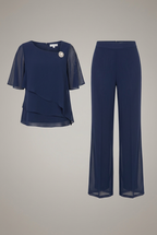 Inez | Women's Two-Piece Set | Layered Top & Straight Leg Trousers | Navy Blue