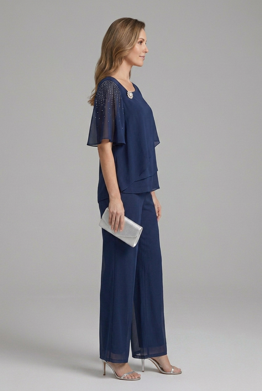 Inez | Women's Two-Piece Set | Layered Top & Straight Leg Trousers | Navy Blue