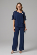 Inez | Women's Two-Piece Set | Layered Top & Straight Leg Trousers | Navy Blue